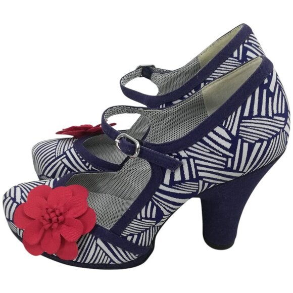 Ruby Shoo Mary Jane Heel Shoes Size EU 38 US 7 Red Flower Retro Geometric - Picture 2 of 12